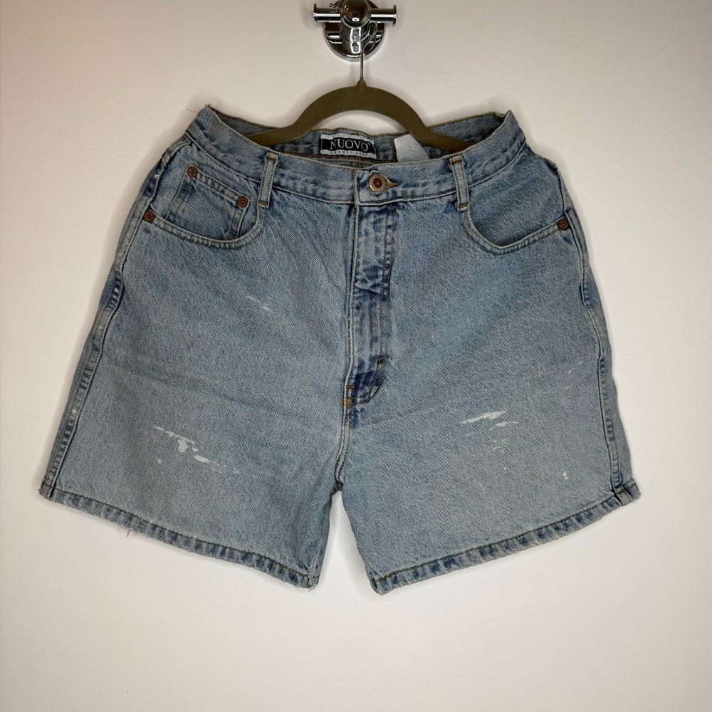 Vintage NUOVO Paint Splatter Denim Jorts Y2K High Waist Jean Shorts Size 13